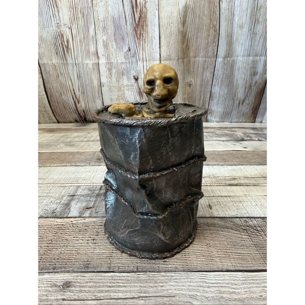 Halloween Creepy Skeleton Barrel Coin Bank Spooky Horror Decor Gothic Distressed